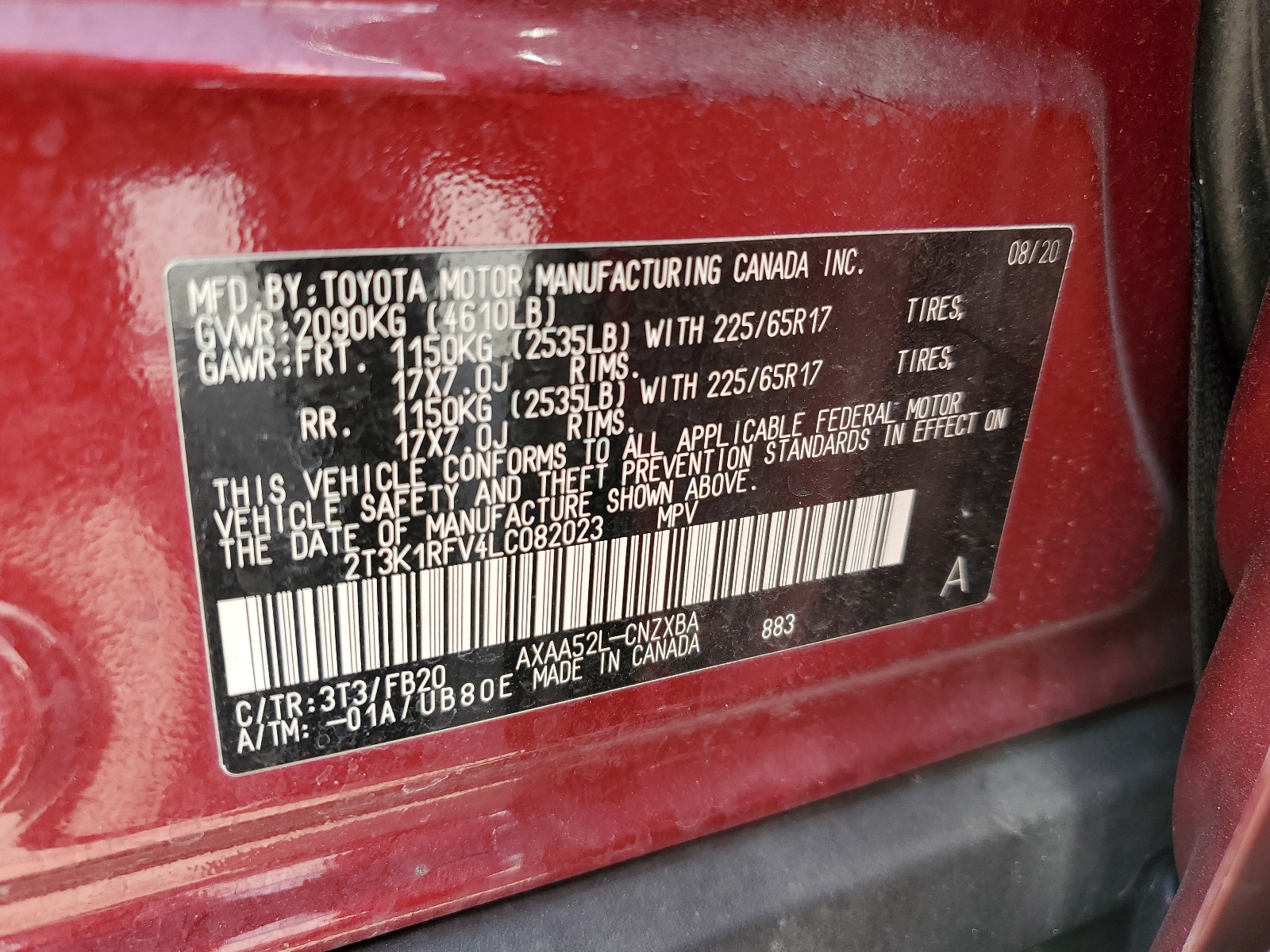 2T3K1RFV4LC082023 2020 Toyota Rav4 Le