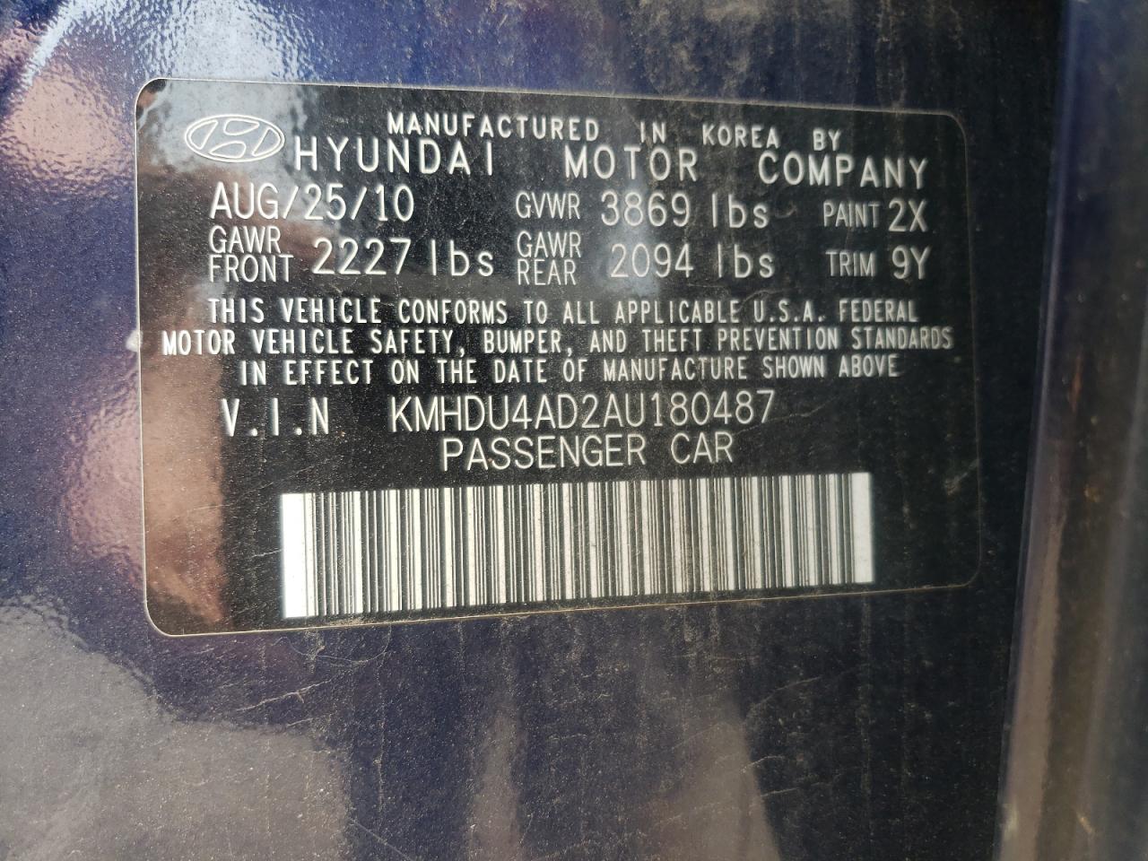 2010 Hyundai Elantra Blue VIN: KMHDU4AD2AU180487 Lot: 54953784