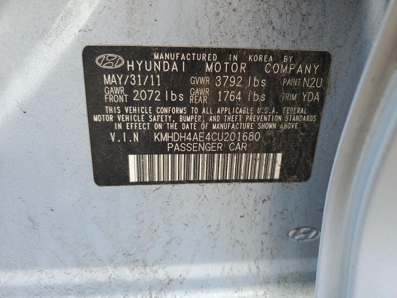 2012 Hyundai Elantra Gls VIN: KMHDH4AE4CU201680 Lot: 53931004