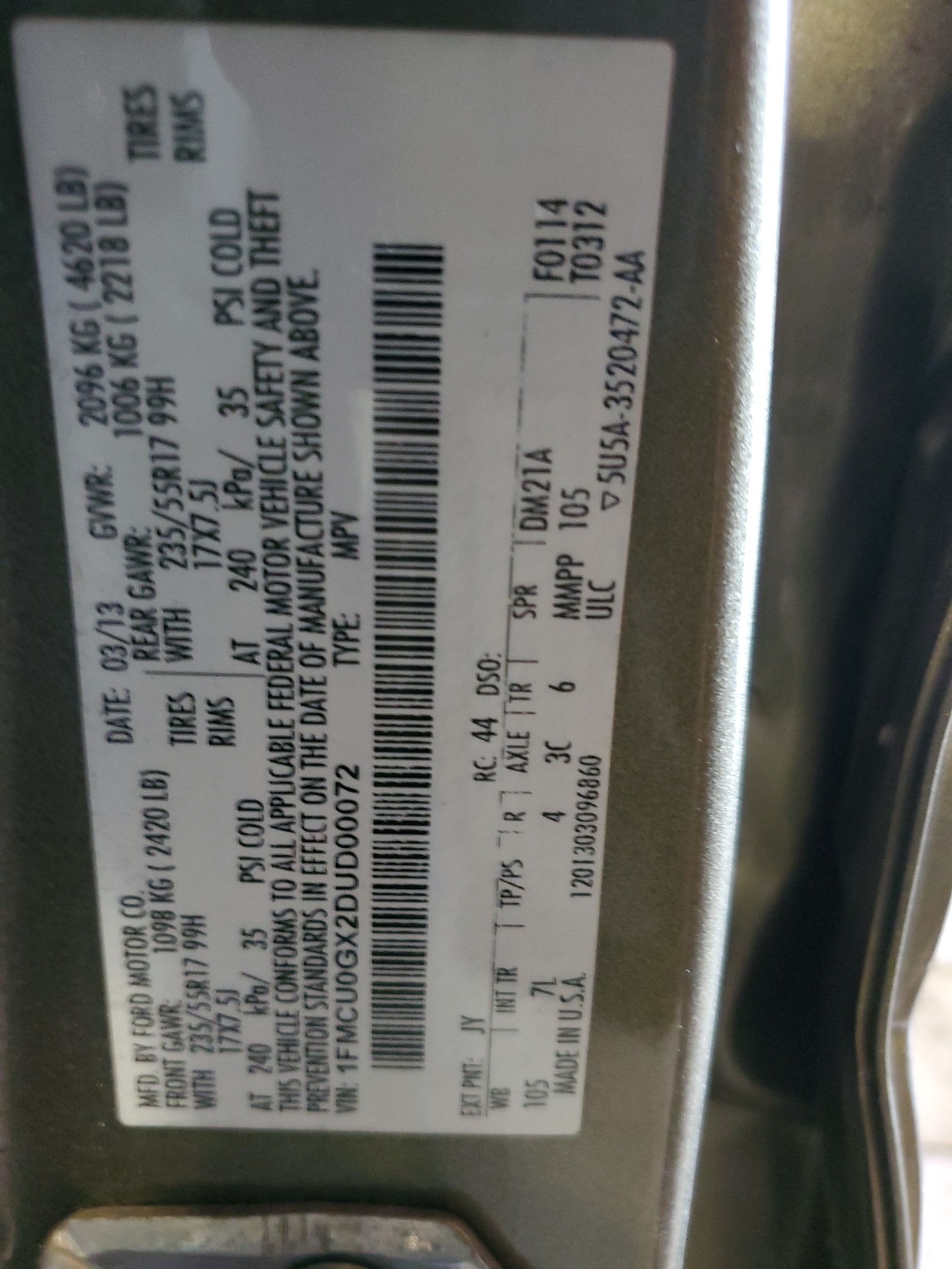 1FMCU0GX2DUD00072 2013 Ford Escape Se