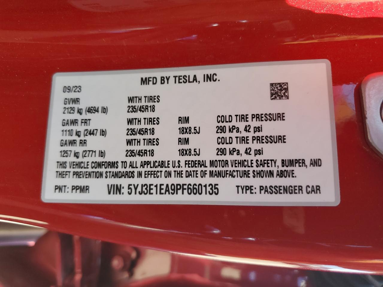 5YJ3E1EA9PF660135 2023 Tesla Model 3