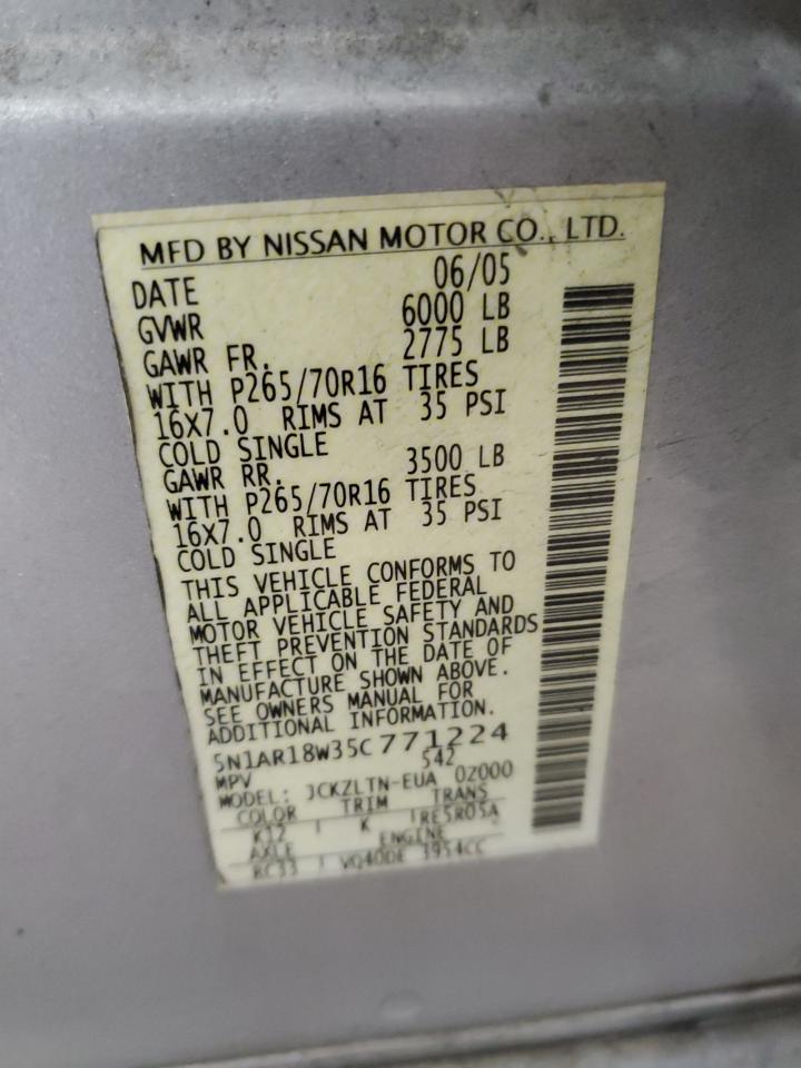 2005 Nissan Pathfinder Le VIN: 5N1AR18W35C771224 Lot: 54962504