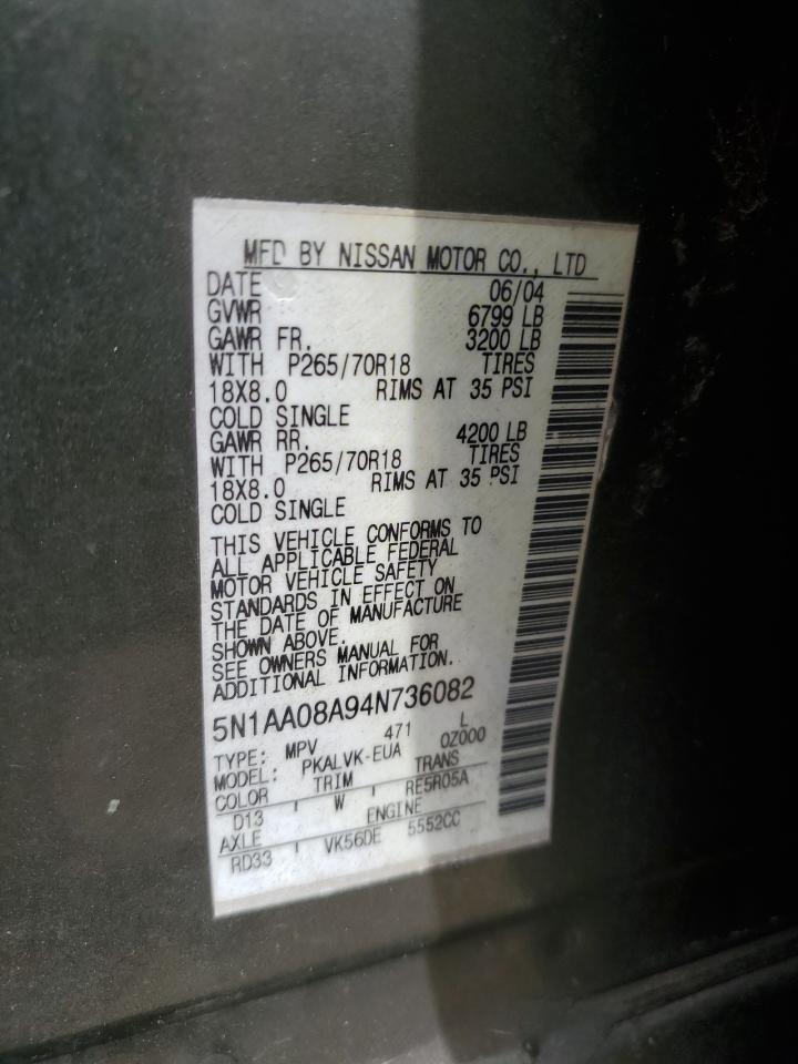 2004 Nissan Armada Se VIN: 5N1AA08A94N736082 Lot: 53731984