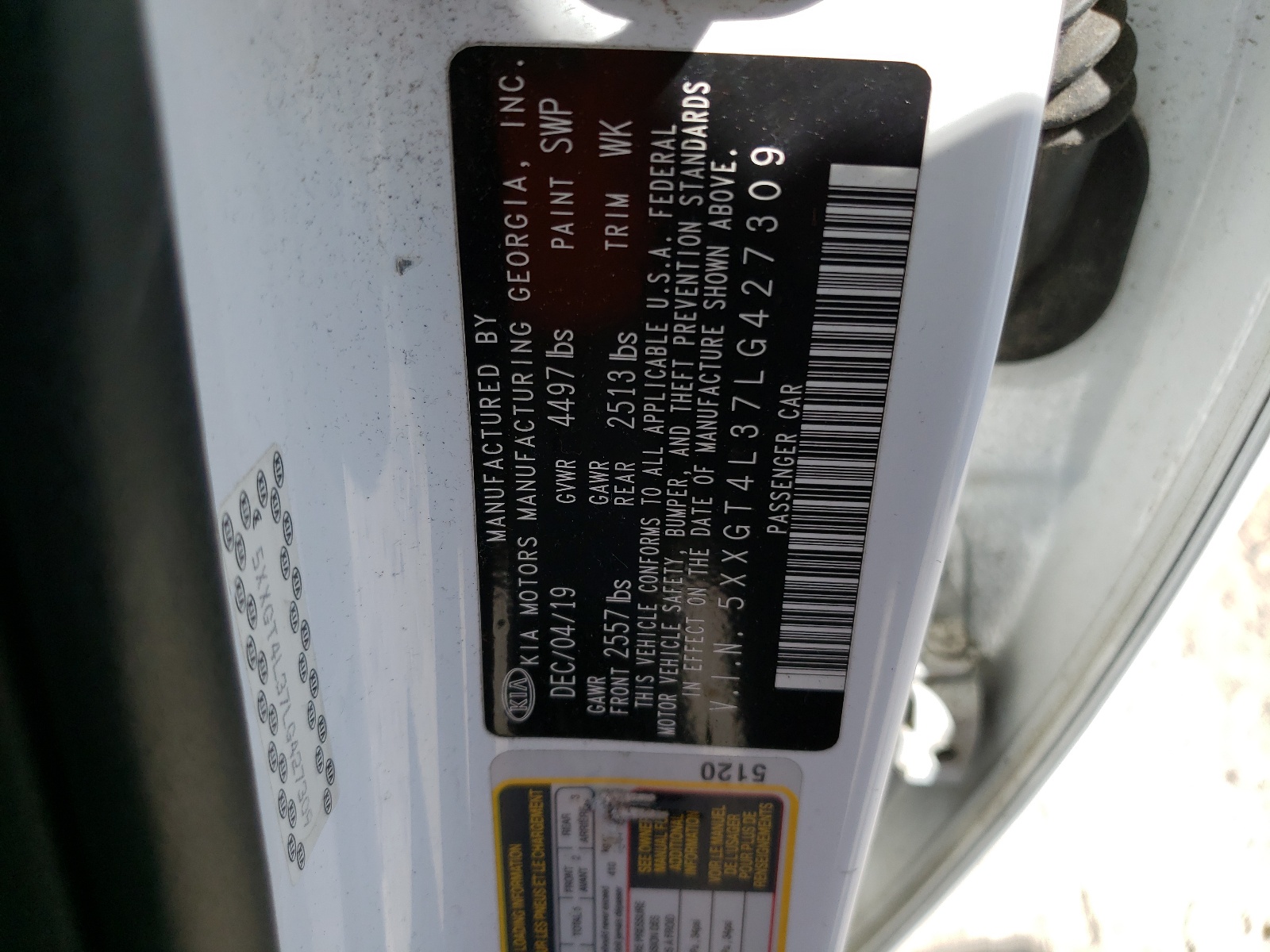 5XXGT4L37LG427309 2020 Kia Optima Lx