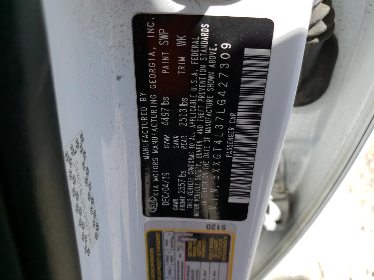 2020 Kia Optima Lx VIN: 5XXGT4L37LG427309 Lot: 56506164