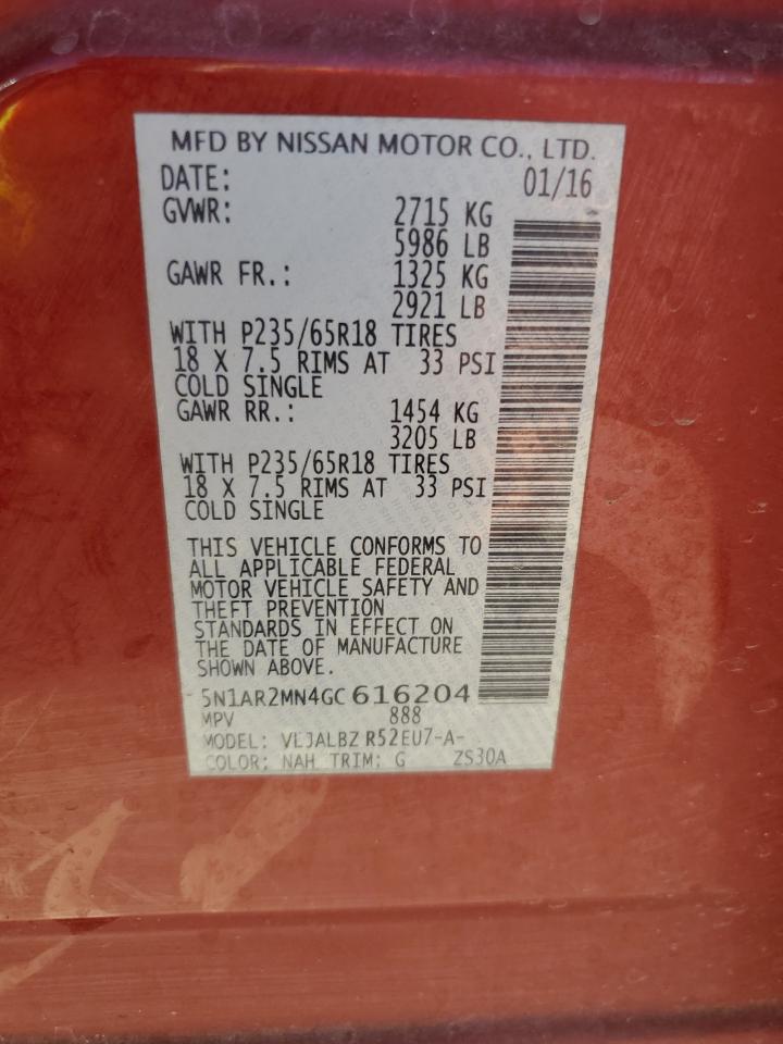 2016 Nissan Pathfinder S VIN: 5N1AR2MN4GC616204 Lot: 54831874