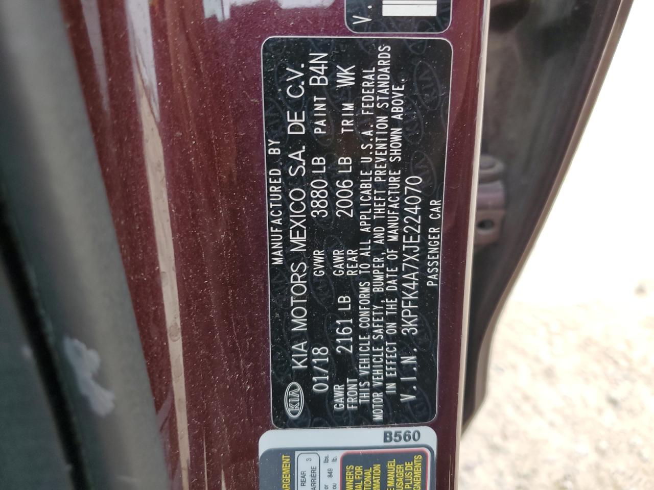 2018 Kia Forte Lx VIN: 3KPFK4A7XJE224070 Lot: 55601724