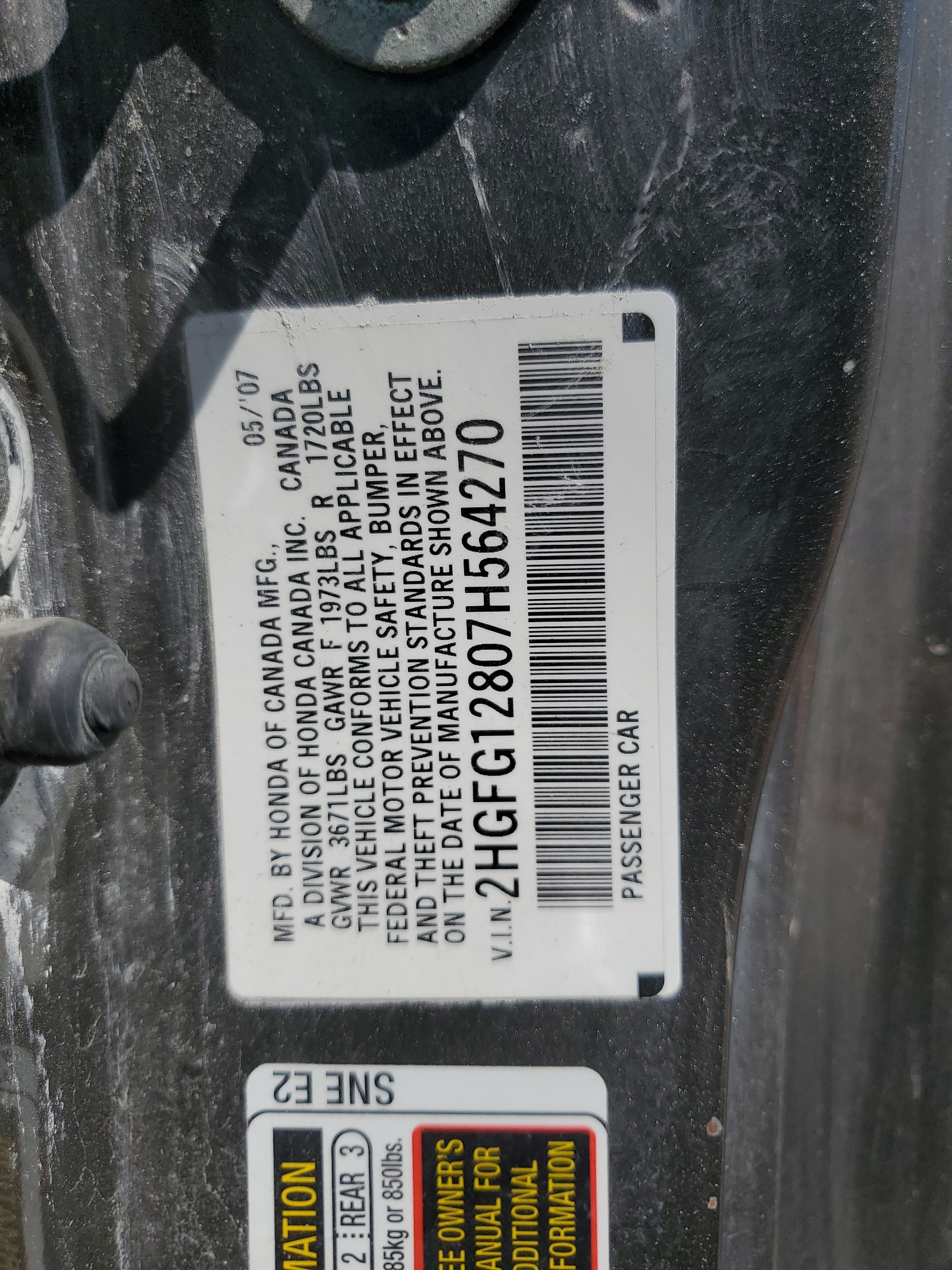 2HGFG12807H564270 2007 Honda Civic Ex