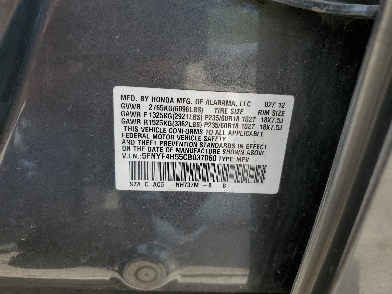 5FNYF4H55CB037060 2012 Honda Pilot Exl