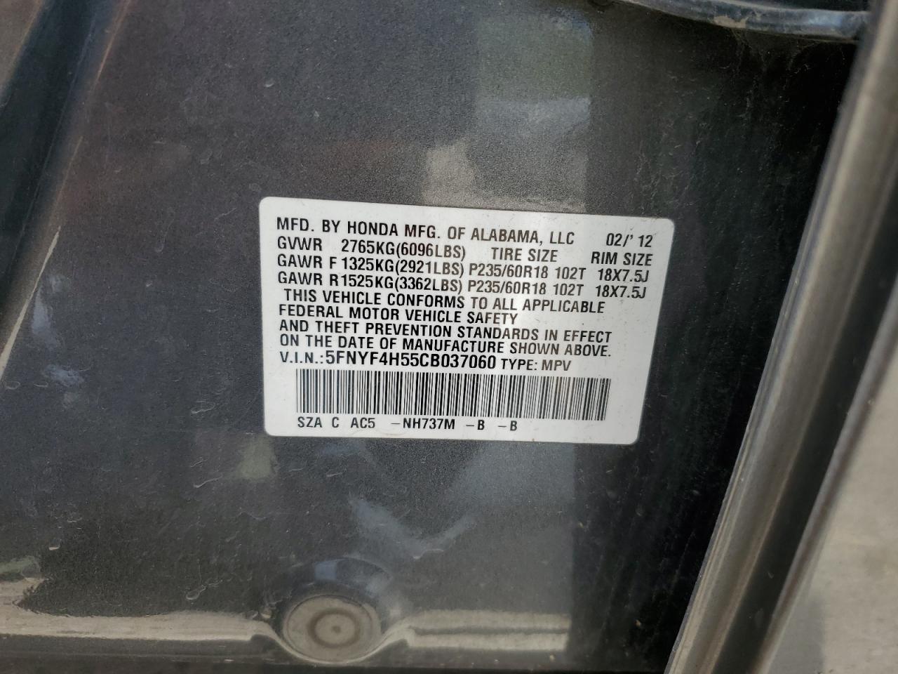 2012 Honda Pilot Exl VIN: 5FNYF4H55CB037060 Lot: 56626014