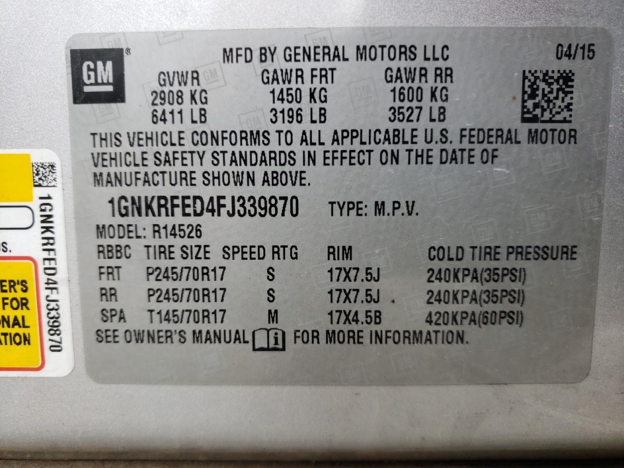 2015 Chevrolet Traverse Ls VIN: 1GNKRFED4FJ339870 Lot: 55027194