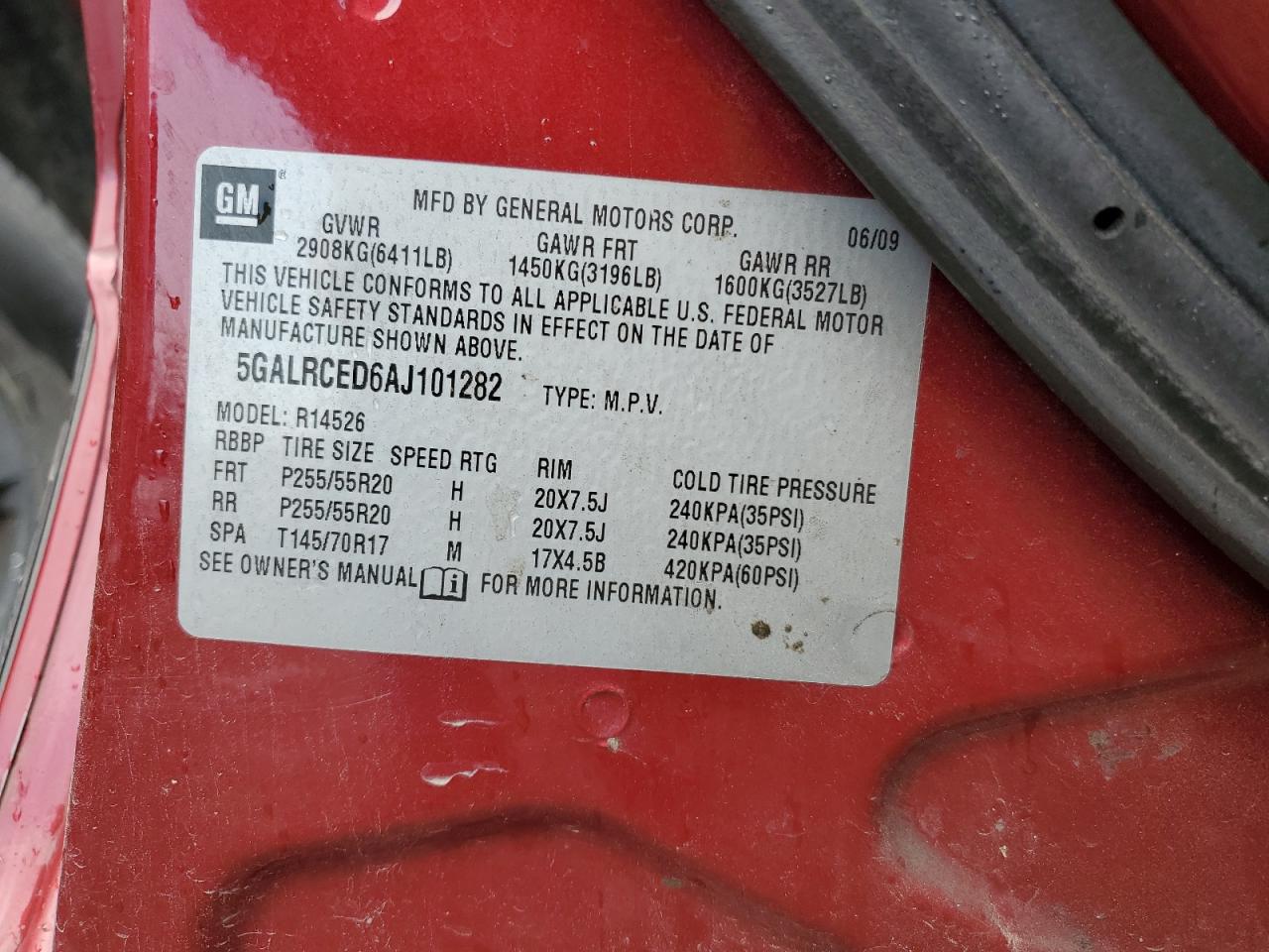 2010 Buick Enclave Cxl VIN: 5GALRCED6AJ101282 Lot: 60501724