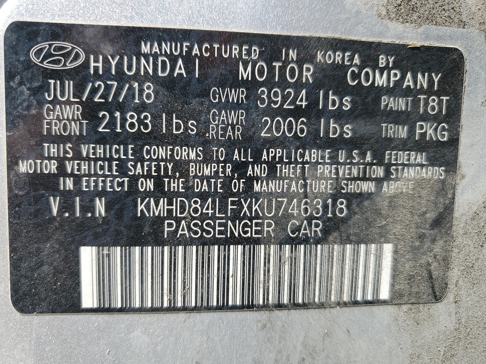 KMHD84LFXKU746318 2019 Hyundai Elantra Sel