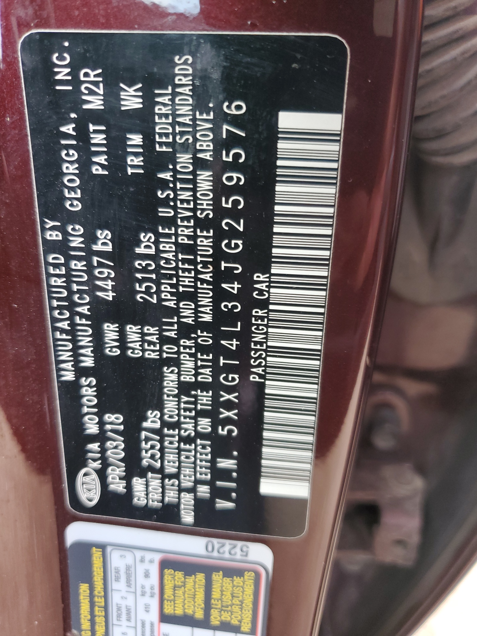 5XXGT4L34JG259576 2018 Kia Optima Lx