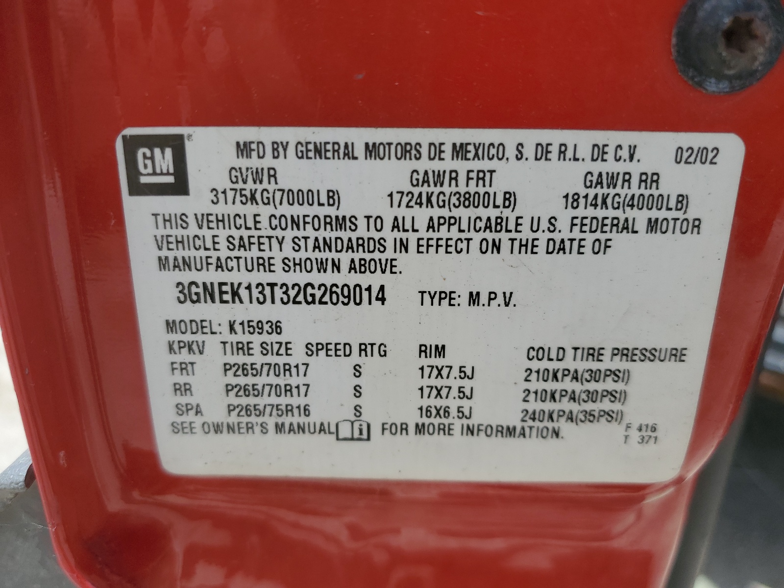 3GNEK13T32G269014 2002 Chevrolet Avalanche K1500