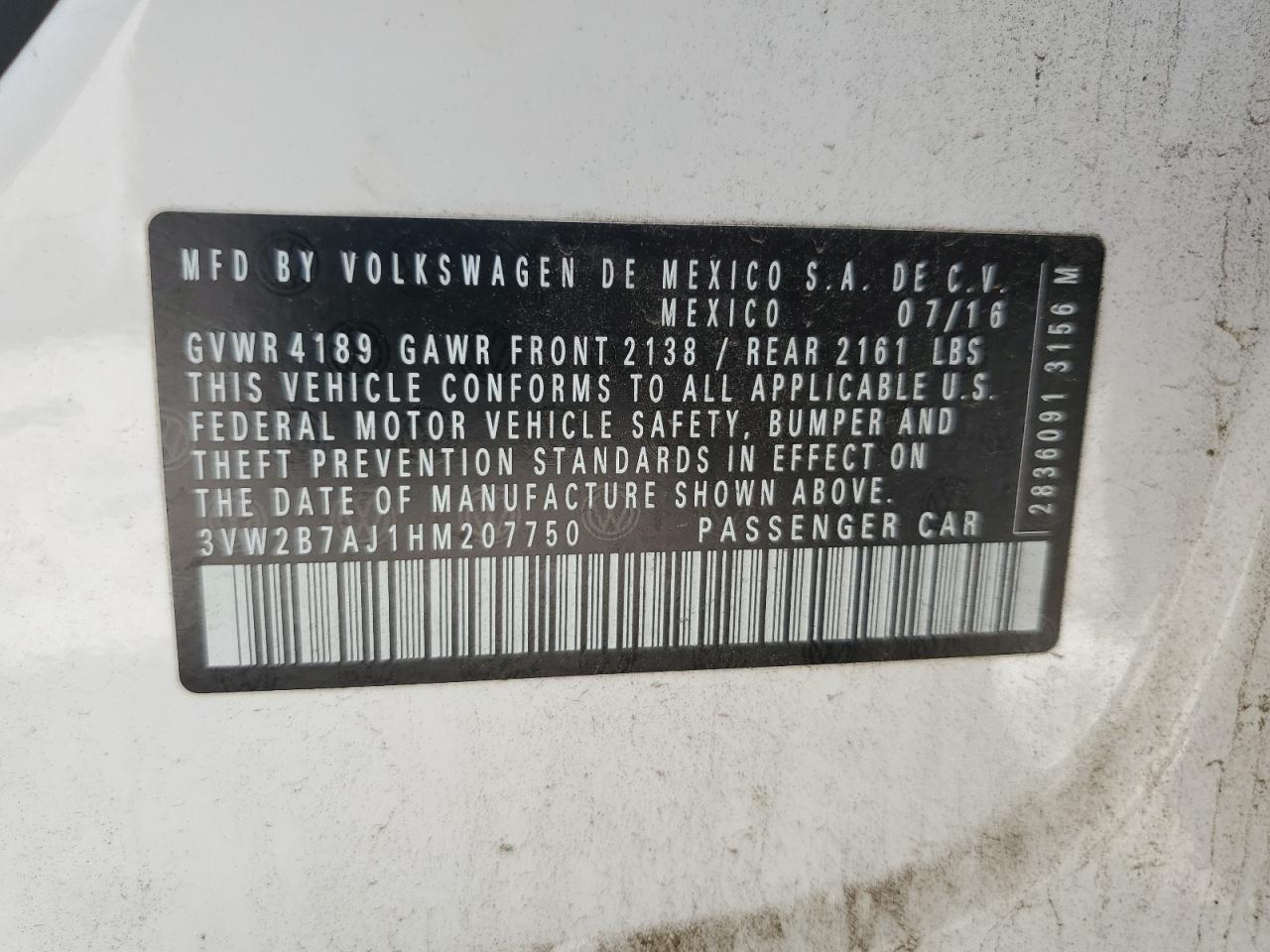 2017 Volkswagen Jetta S VIN: 3VW2B7AJ1HM207750 Lot: 54740774