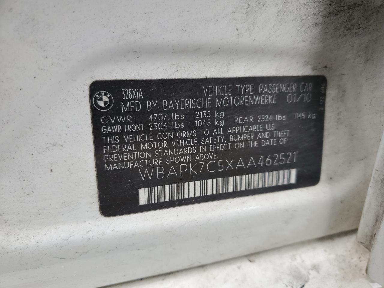 2010 BMW 328 Xi VIN: WBAPK7C5XAA462521 Lot: 55973634