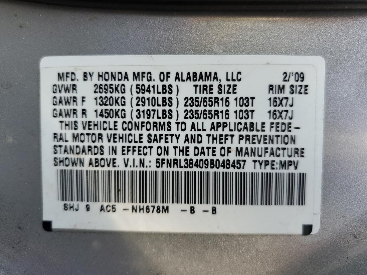 5FNRL38409B048457 2009 Honda Odyssey Ex