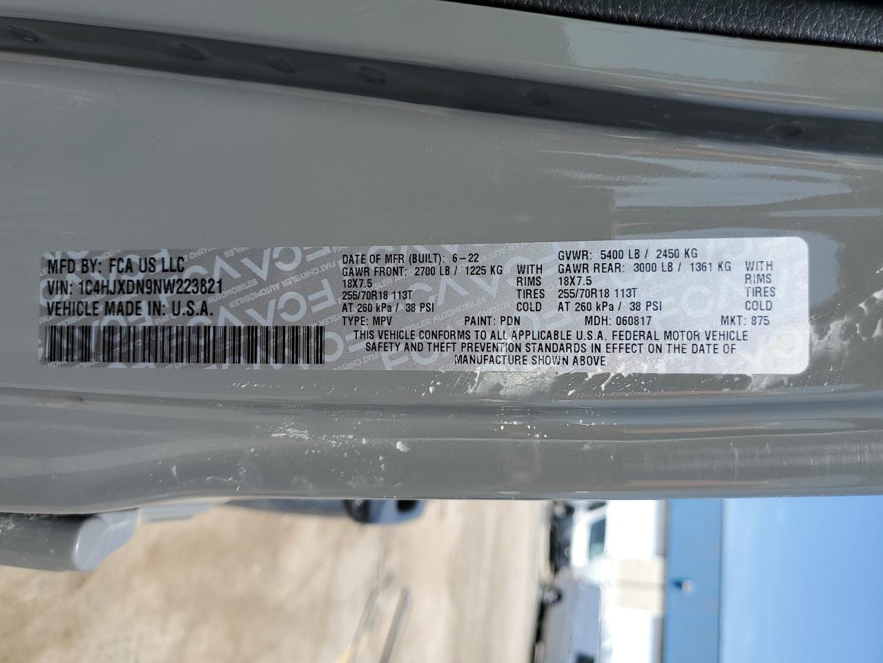 2022 Jeep Wrangler Unlimited Sport VIN: 1C4HJXDN9NW223821 Lot: 55105844