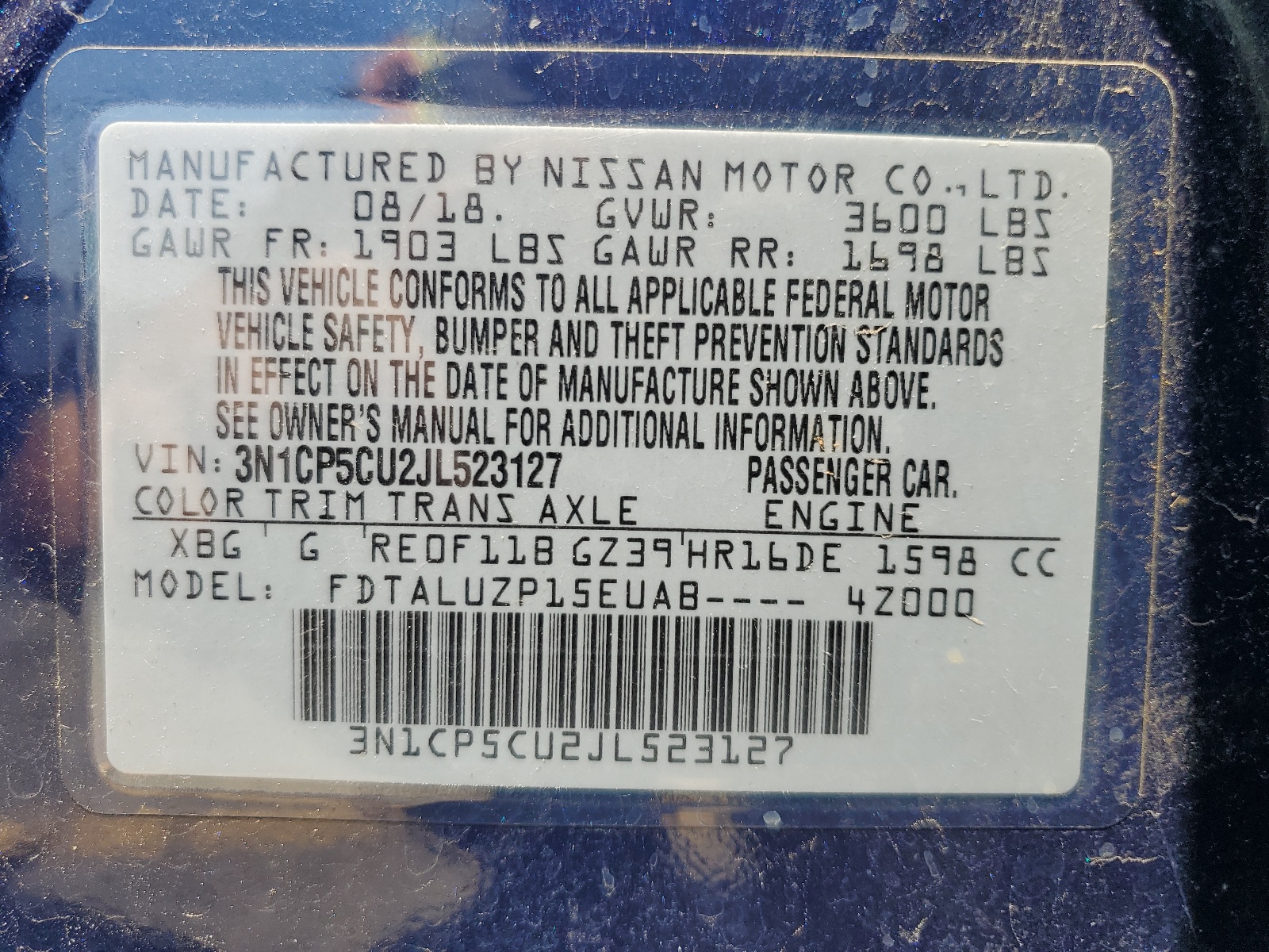 3N1CP5CU2JL523127 2018 Nissan Kicks S