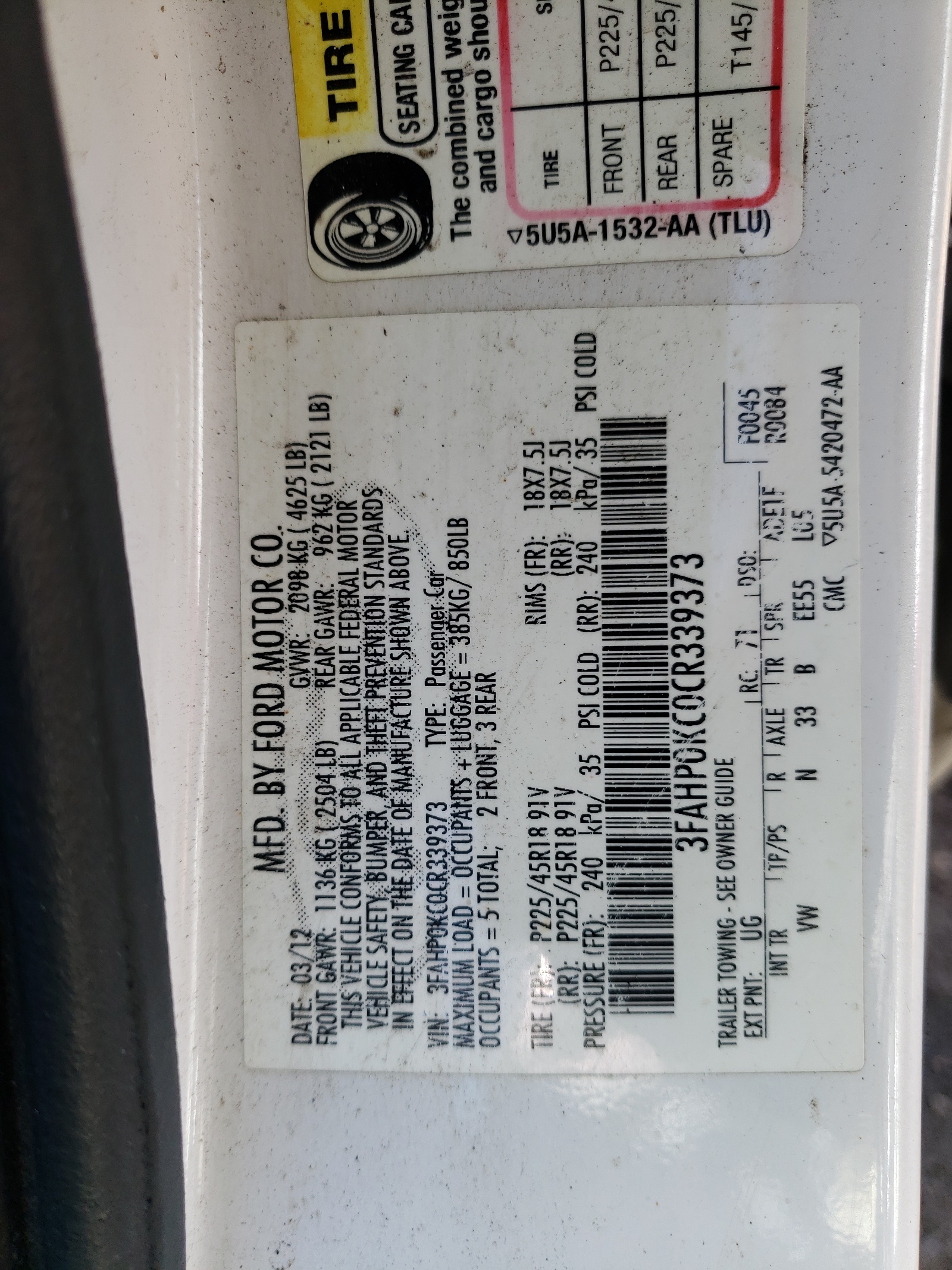 3FAHP0KC0CR339373 2012 Ford Fusion Sport