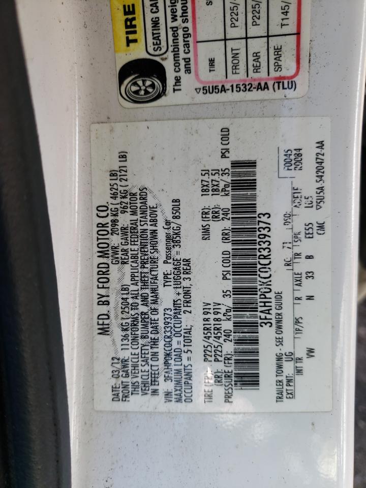 2012 Ford Fusion Sport VIN: 3FAHP0KC0CR339373 Lot: 56693064