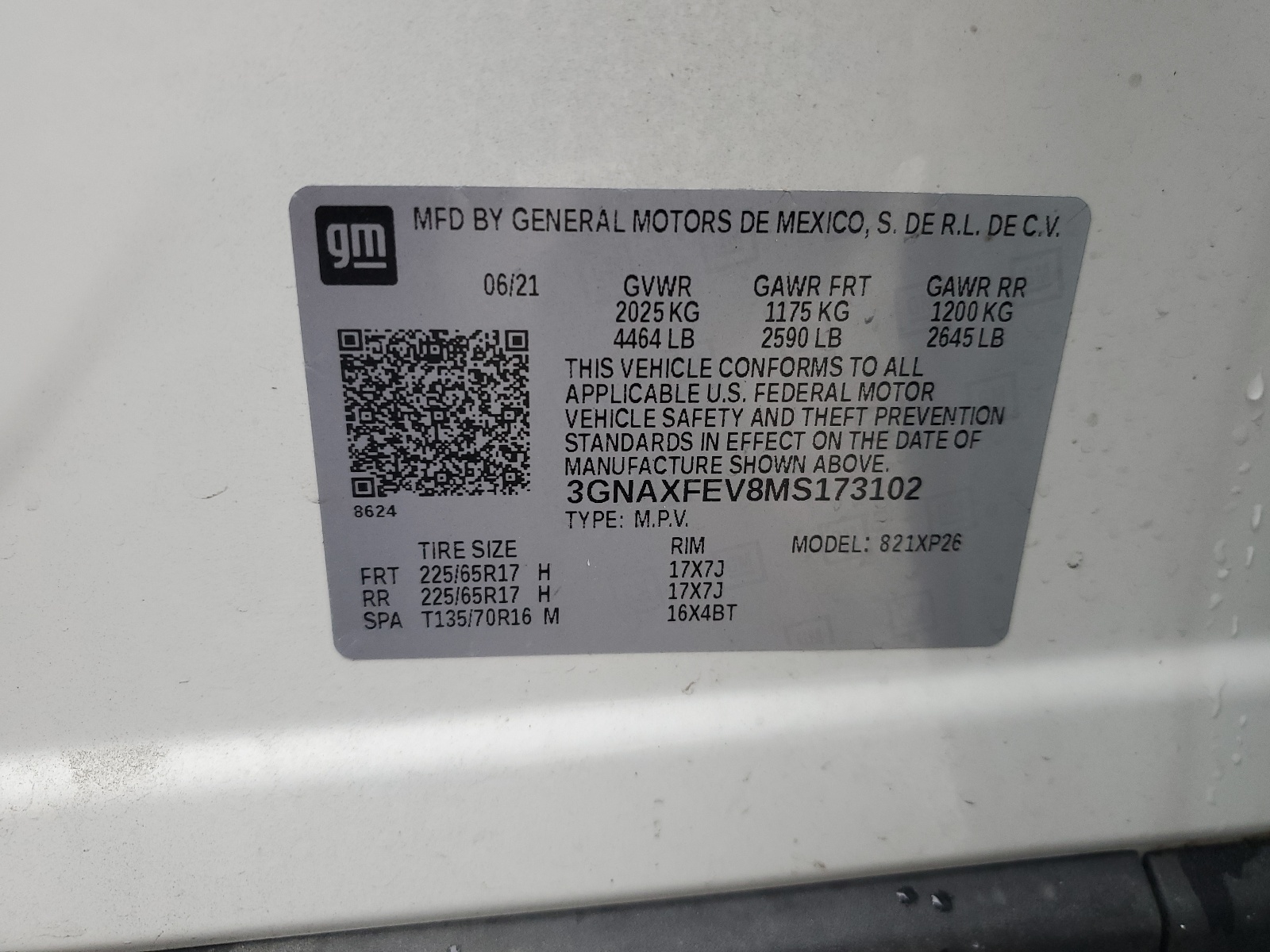 3GNAXFEV8MS173102 2021 Chevrolet Equinox
