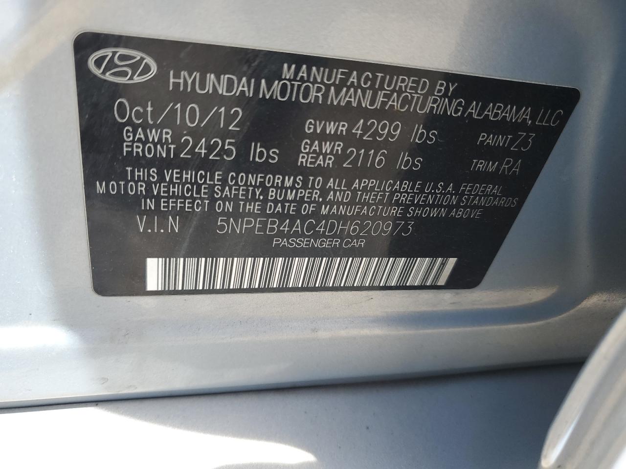 2013 Hyundai Sonata Gls VIN: 5NPEB4AC4DH620973 Lot: 56823504