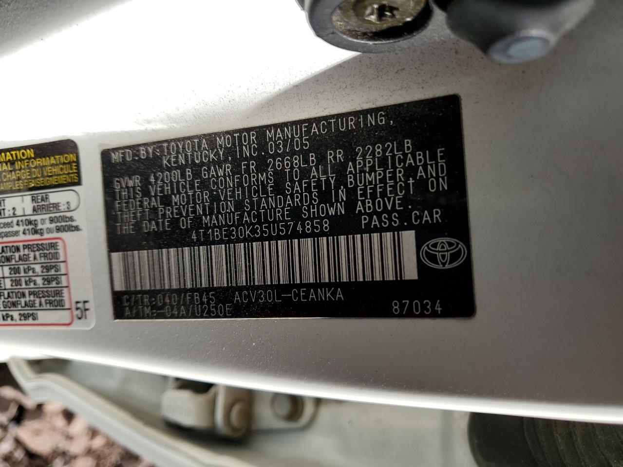 2005 Toyota Camry Le VIN: 4T1BE30K35U574858 Lot: 55392274