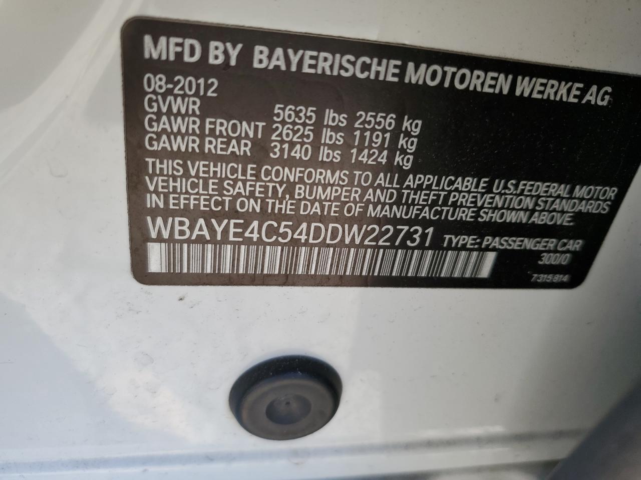 2013 BMW 740 Li VIN: WBAYE4C54DDW22731 Lot: 54554874