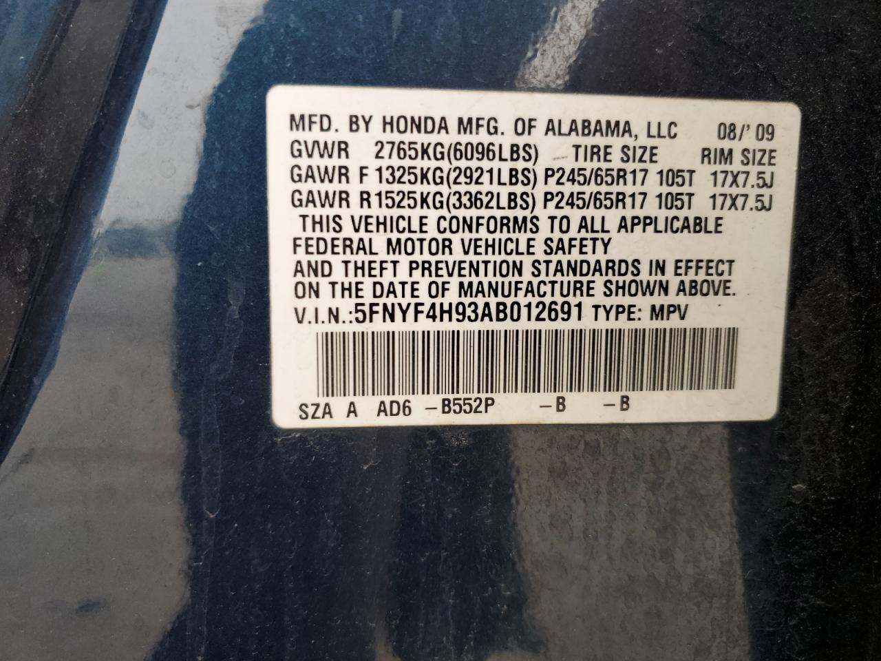 2010 Honda Pilot Touring VIN: 5FNYF4H93AB012691 Lot: 50882354