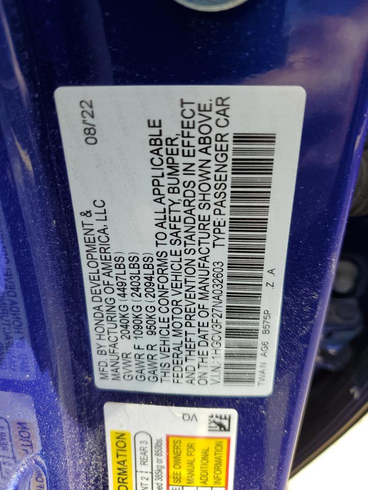 2022 Honda Accord Hybrid Sport VIN: 1HGCV3F27NA032603 Lot: 53032124