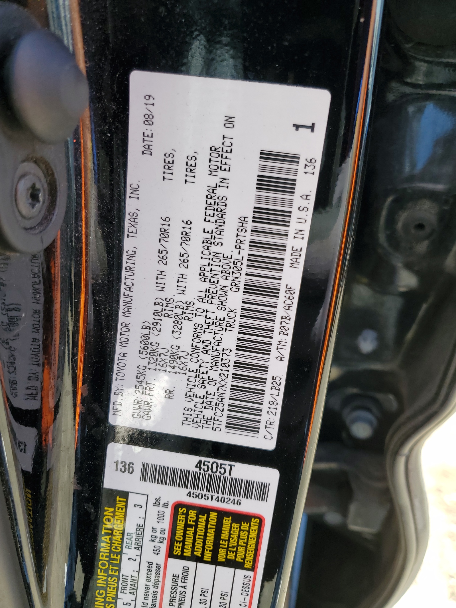 5TFCZ5AN7KX210373 2019 Toyota Tacoma Double Cab