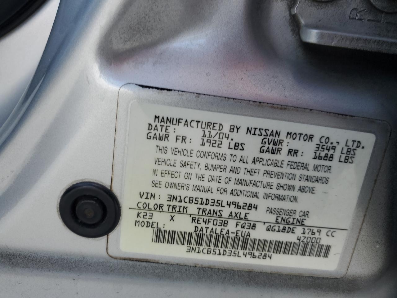 2005 Nissan Sentra 1.8 VIN: 3N1CB51D35L496284 Lot: 56294664