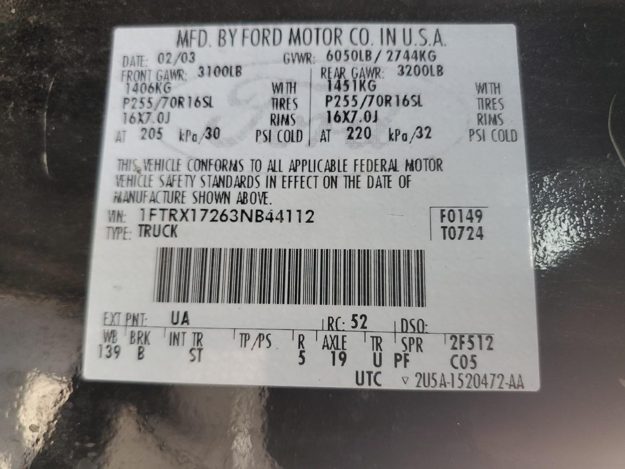2003 Ford F150 VIN: 1FTRX17263NB44112 Lot: 55011944