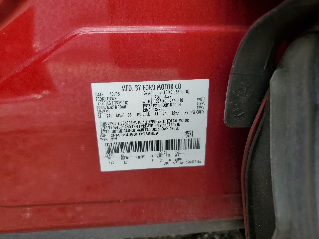 2015 Ford Edge Sel VIN: 2FMTK4J96FBC36859 Lot: 54150754