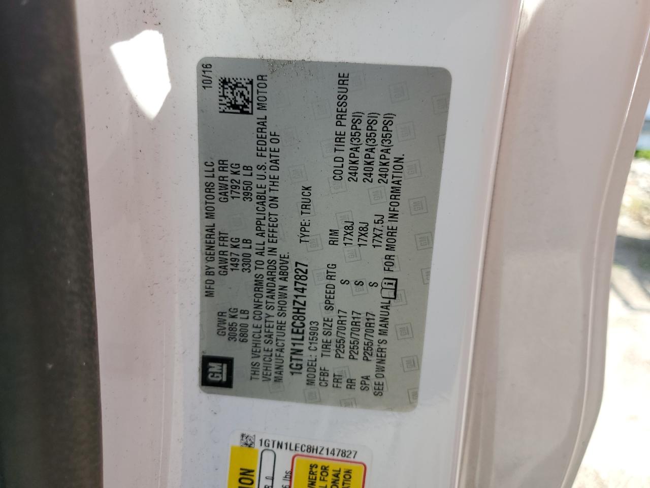 2017 GMC Sierra C1500 VIN: 1GTN1LEC8HZ147827 Lot: 53644464