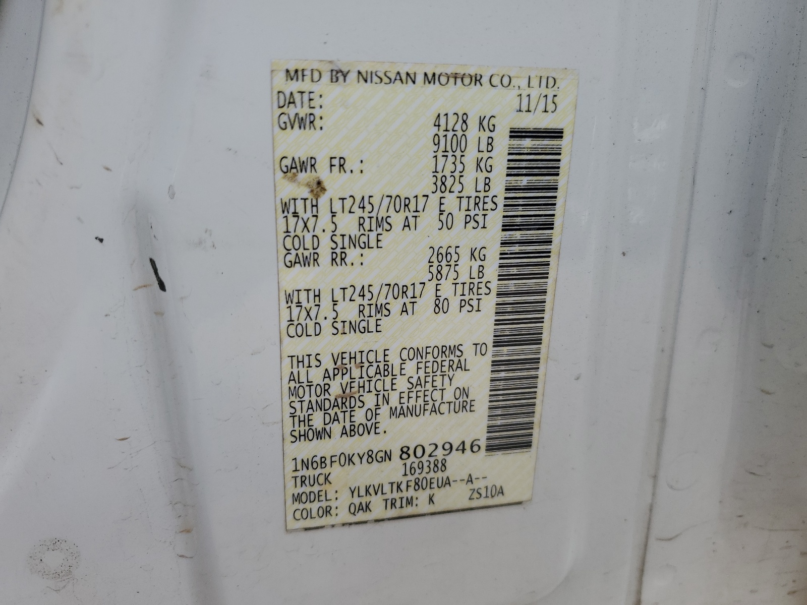 1N6BF0KY8GN802946 2016 Nissan Nv 1500 S