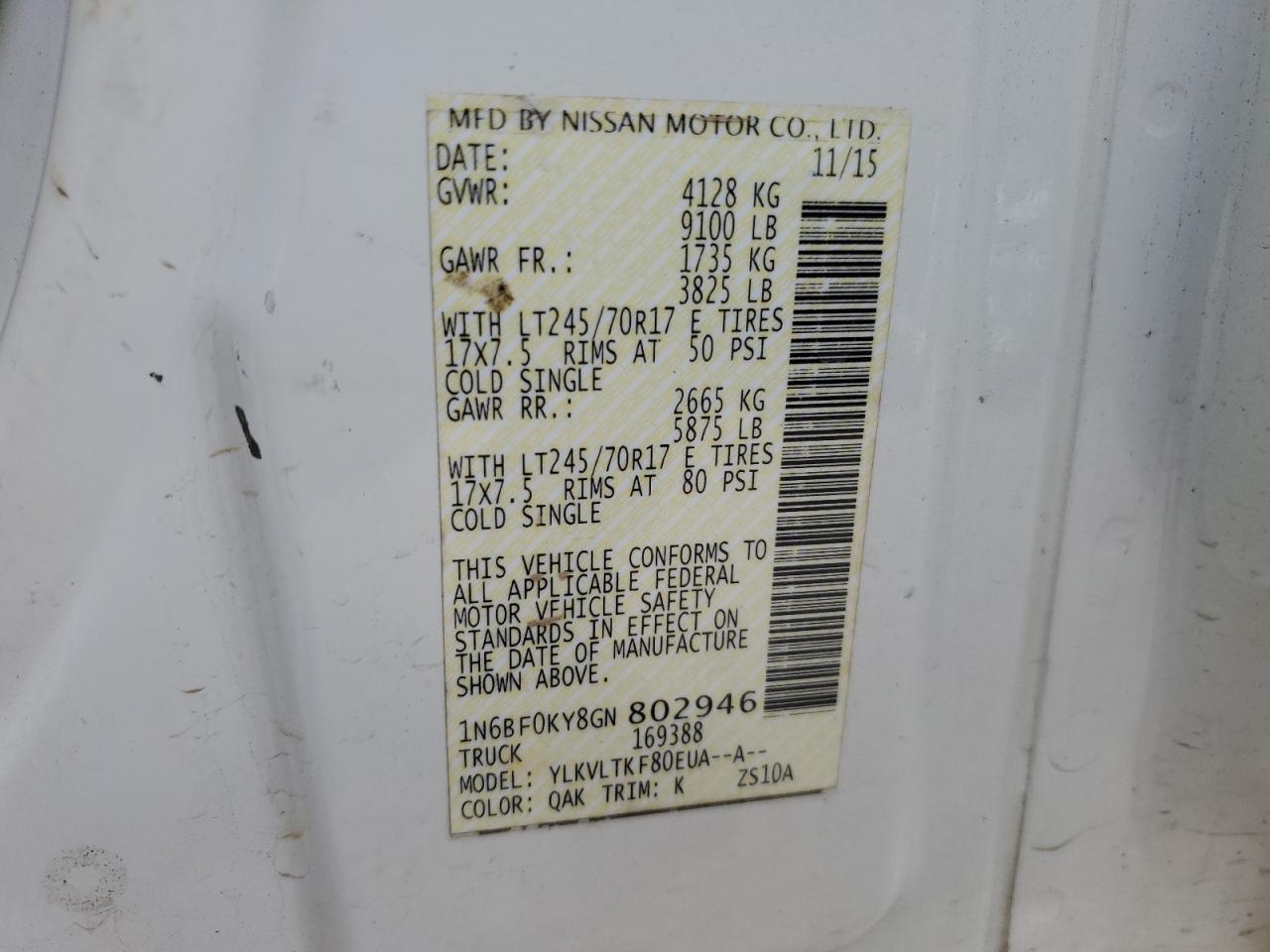 2016 Nissan Nv 1500 S VIN: 1N6BF0KY8GN802946 Lot: 54989824