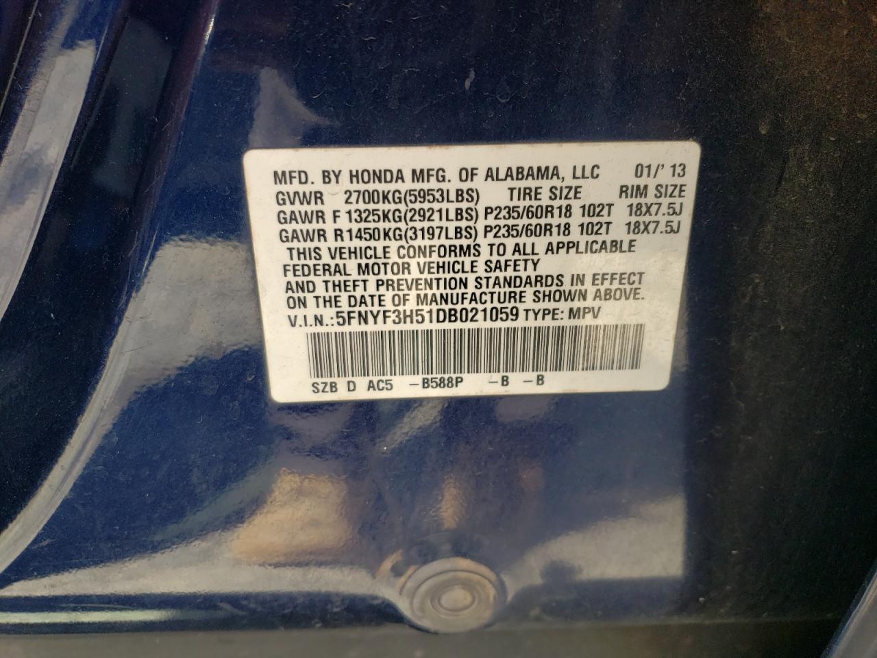 2013 Honda Pilot Exl VIN: 5FNYF3H51DB021059 Lot: 55864114