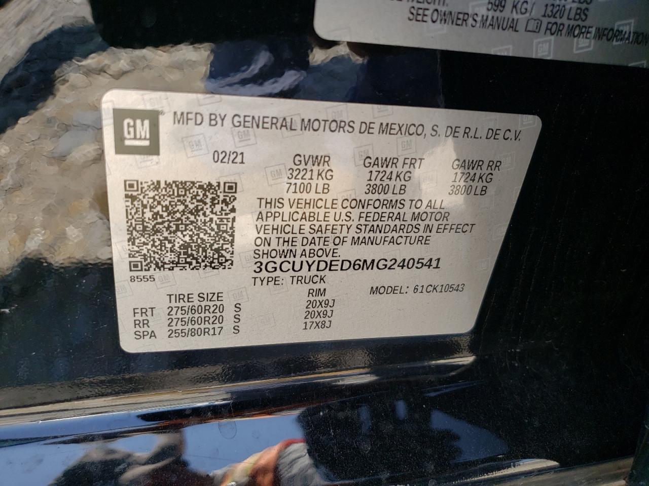 2021 Chevrolet Silverado K1500 Lt VIN: 3GCUYDED6MG240541 Lot: 54800354