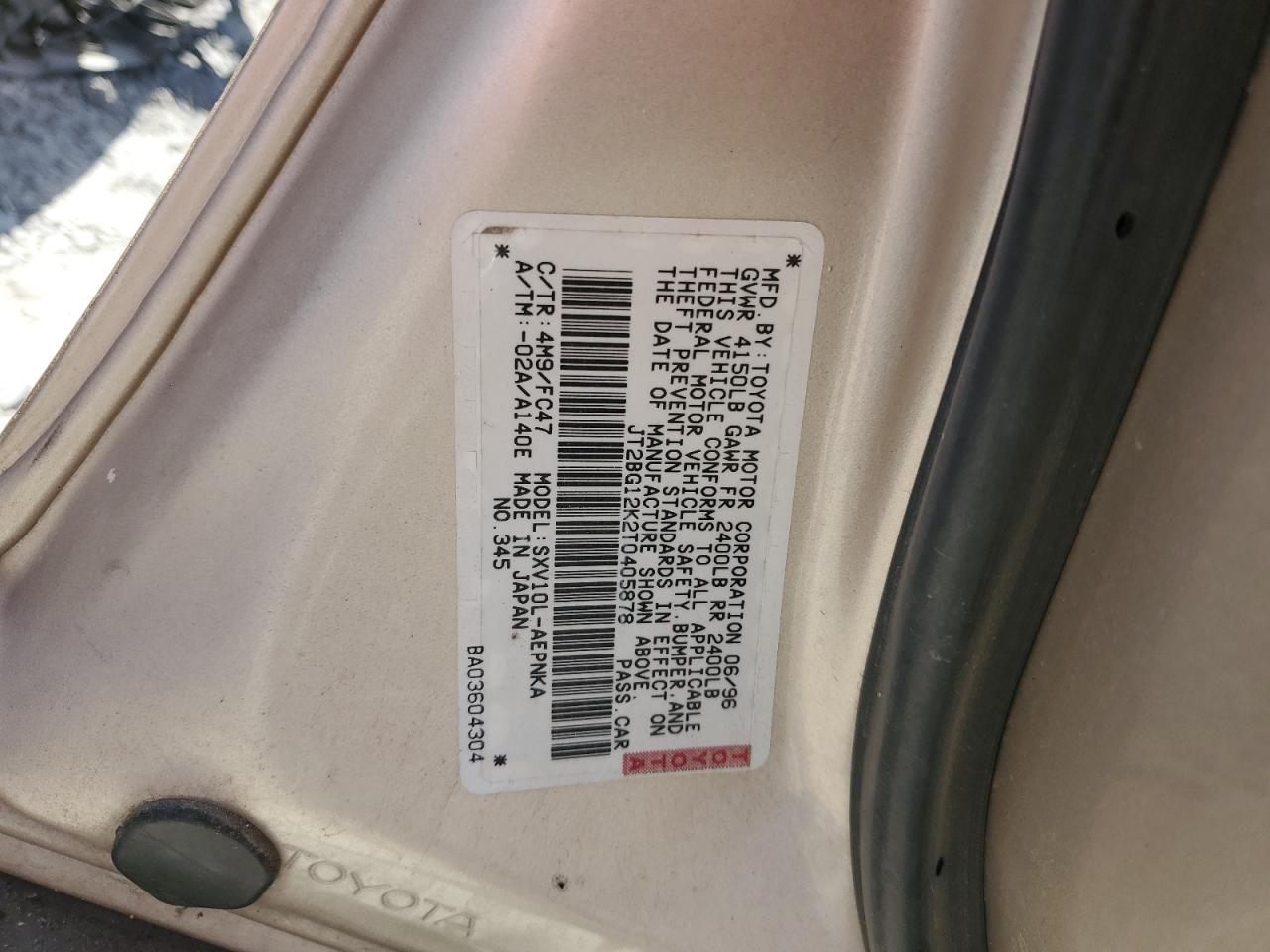 JT2BG12K2T0405878 1996 Toyota Camry Dx