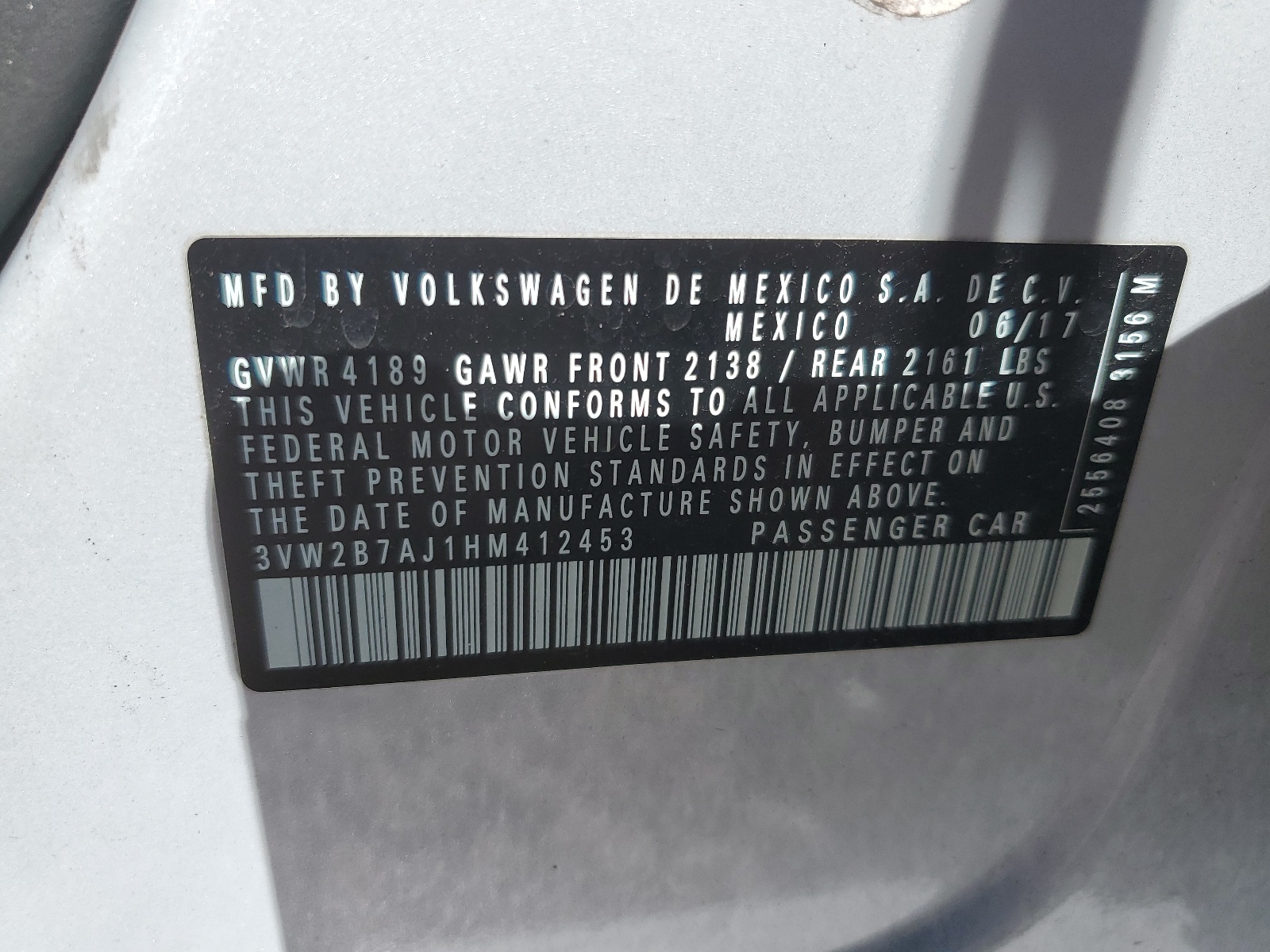 3VW2B7AJ1HM412453 2017 Volkswagen Jetta S