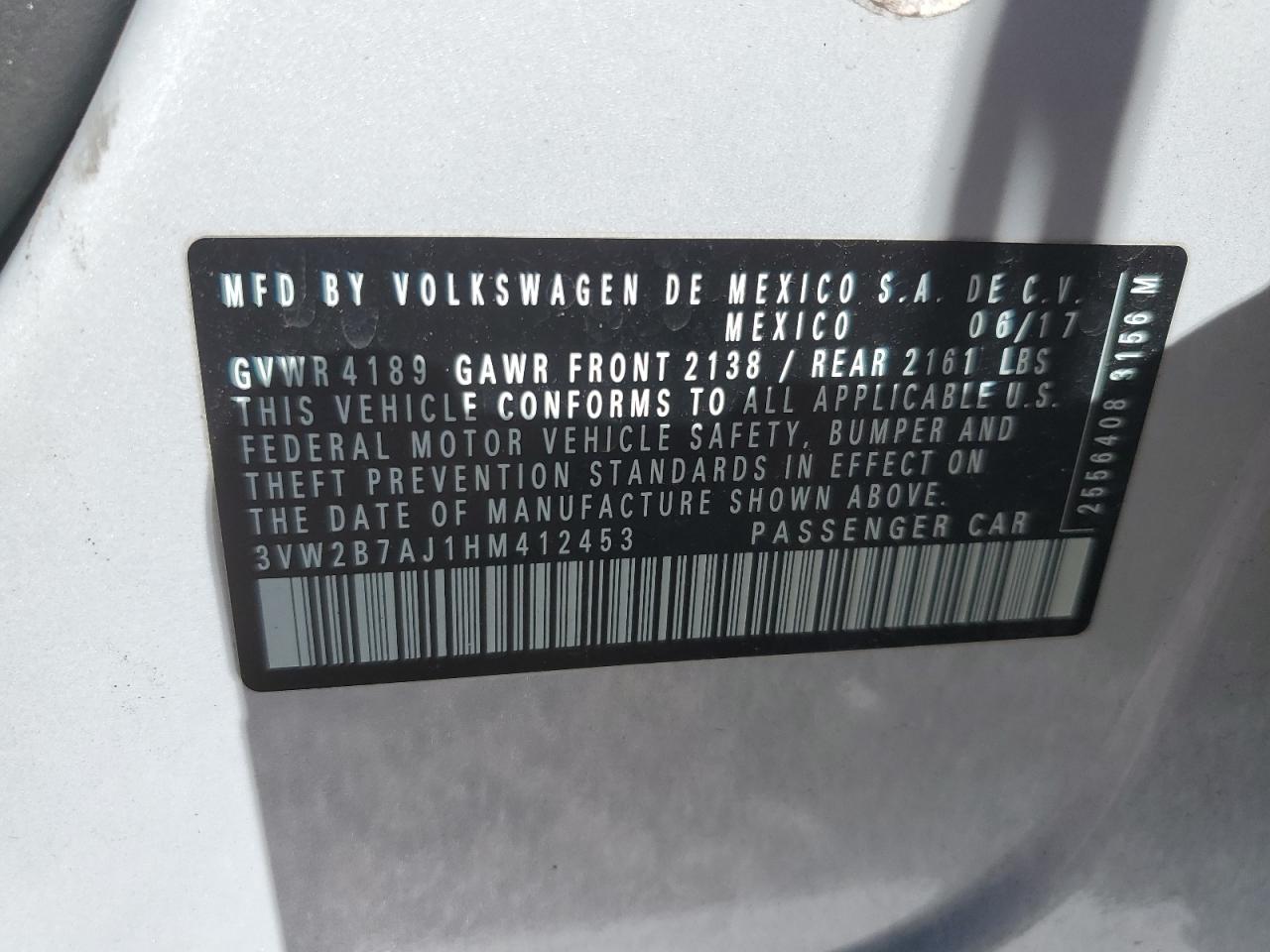2017 Volkswagen Jetta S VIN: 3VW2B7AJ1HM412453 Lot: 53975584