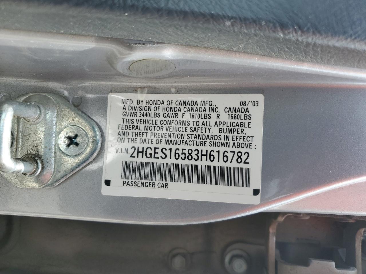 2003 Honda Civic Lx VIN: 2HGES16583H616782 Lot: 52749044