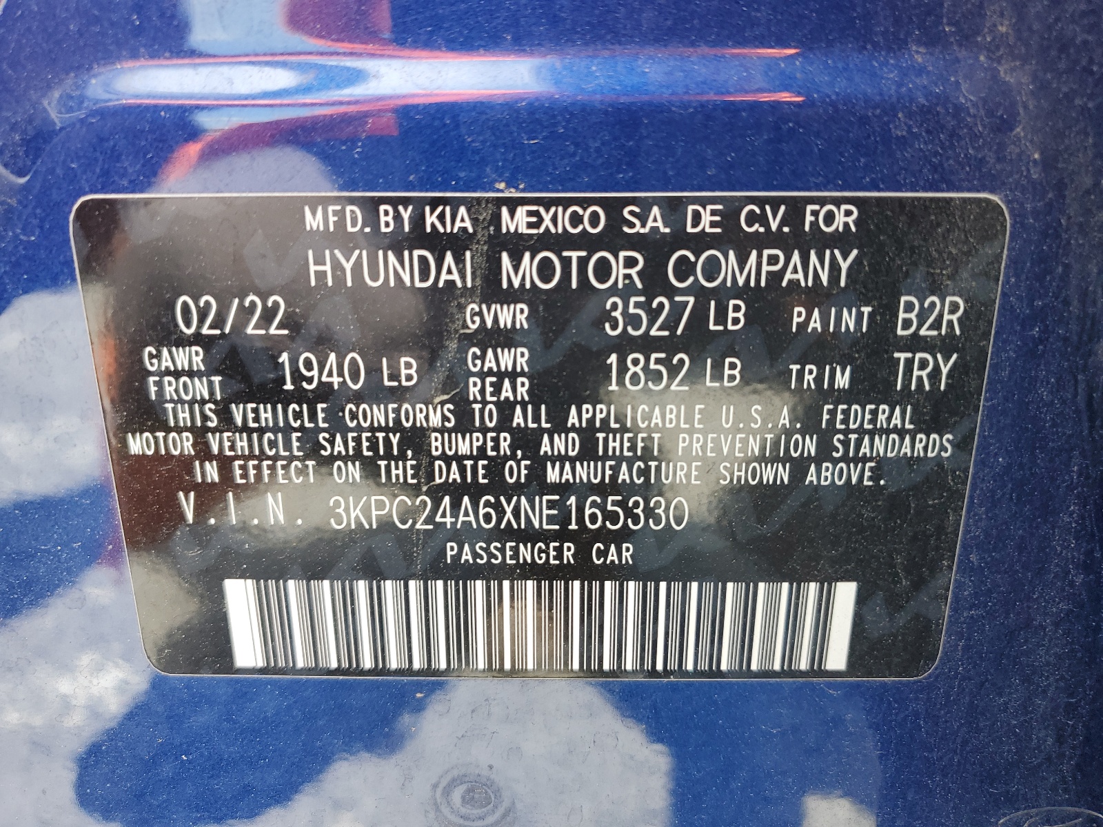 3KPC24A6XNE165330 2022 Hyundai Accent Se