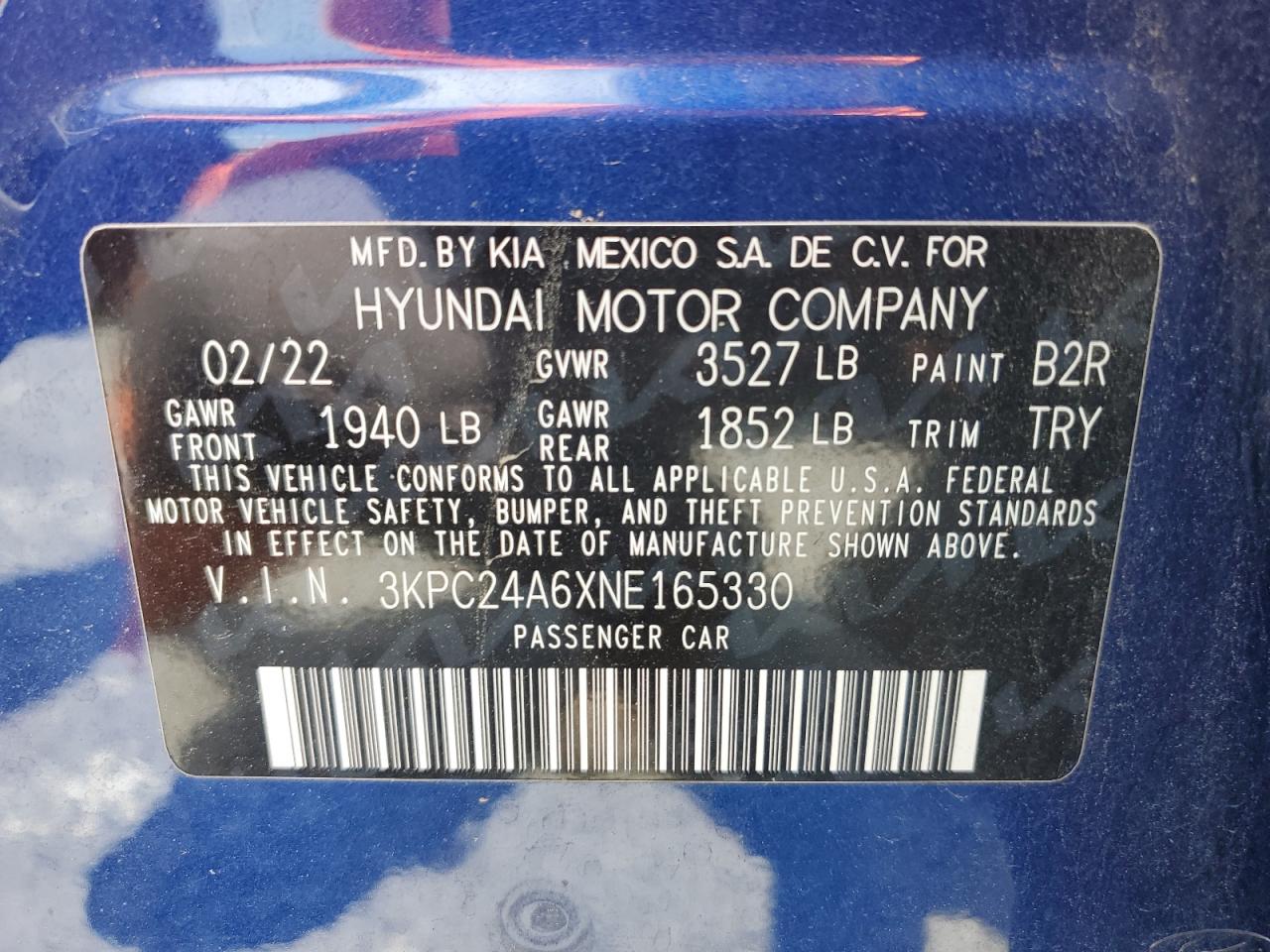 2022 Hyundai Accent Se VIN: 3KPC24A6XNE165330 Lot: 54055074