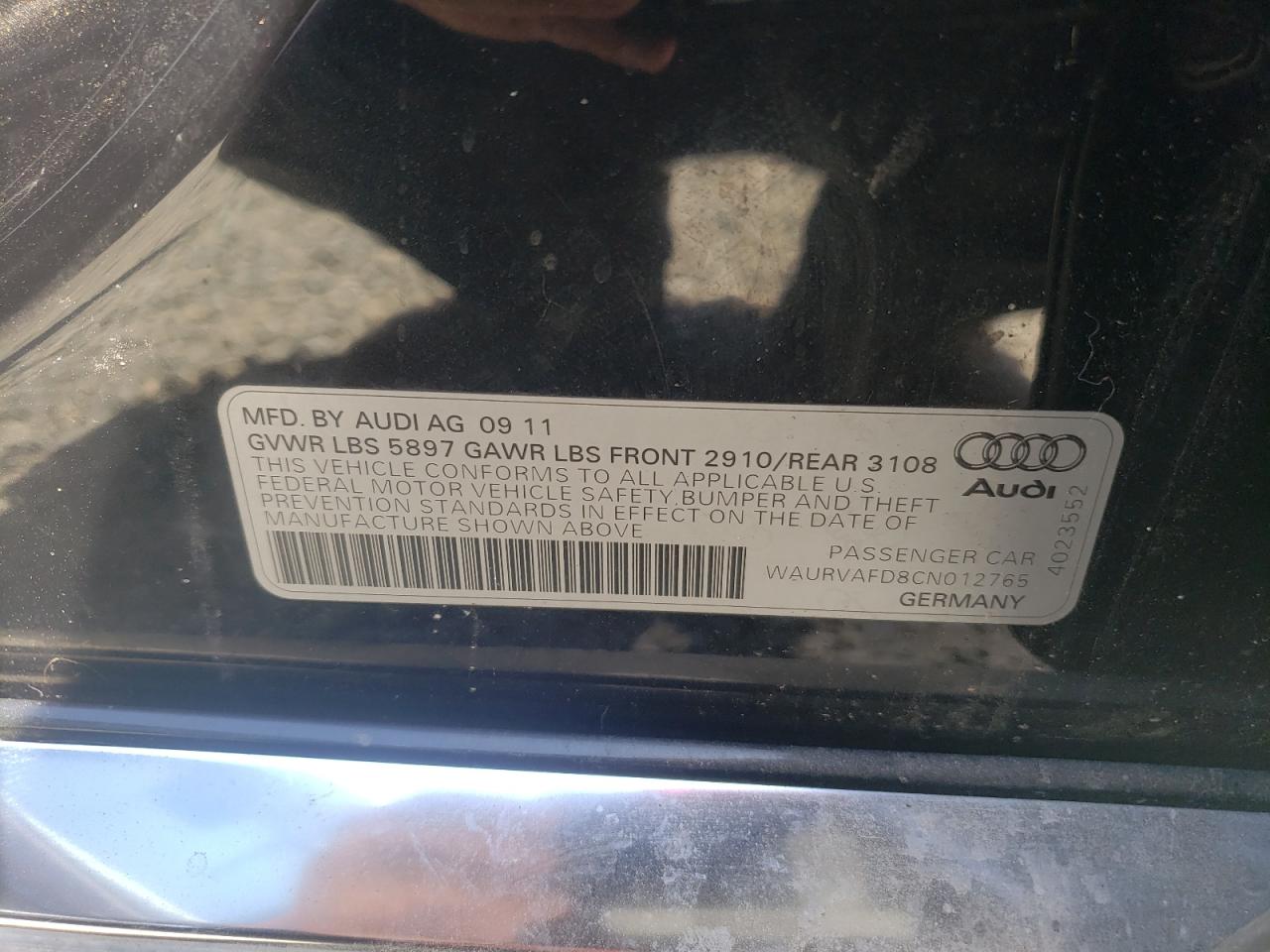 2012 Audi A8 L Quattro VIN: WAURVAFD8CN012765 Lot: 54816054