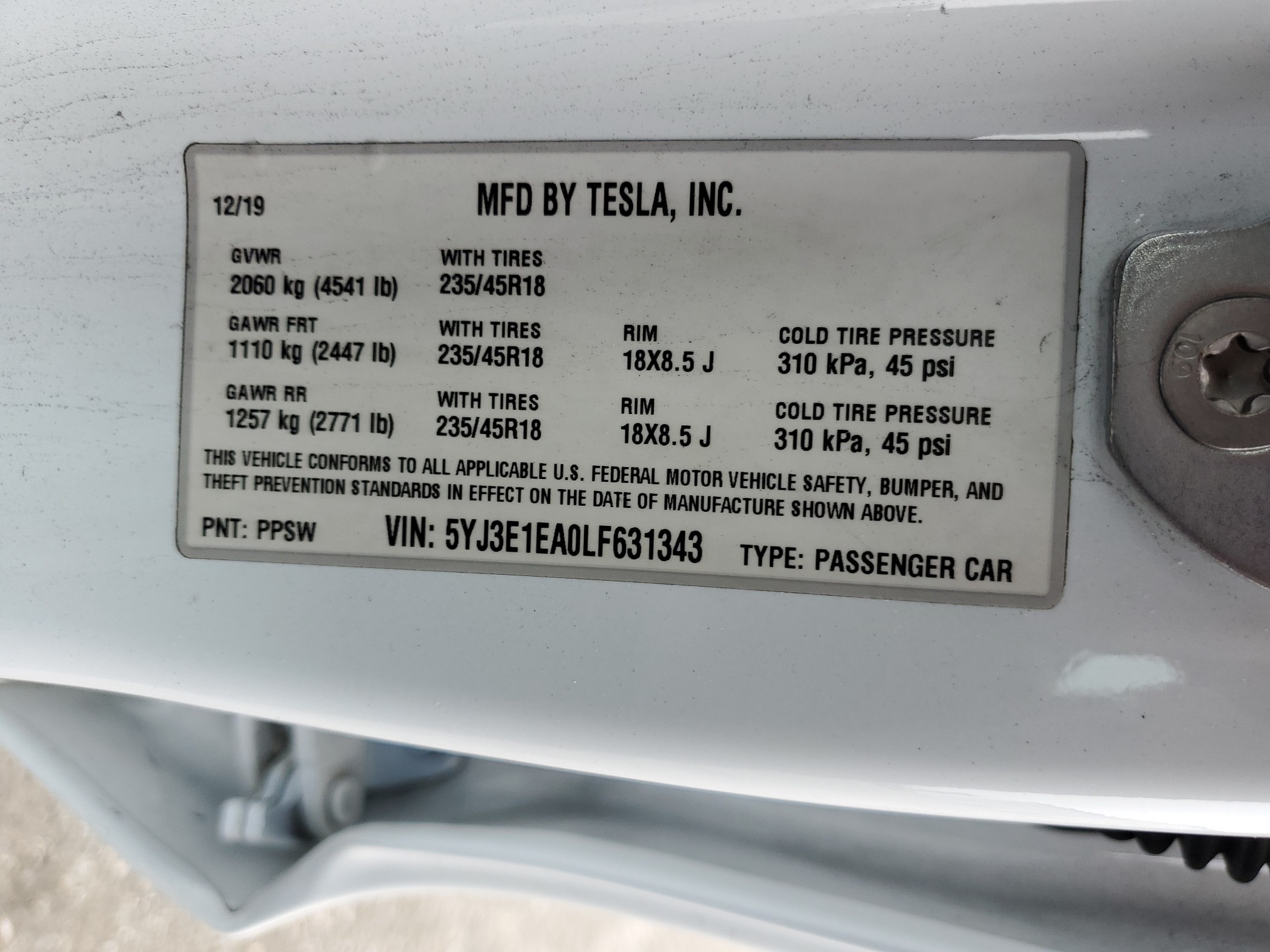 5YJ3E1EA0LF631343 2020 Tesla Model 3