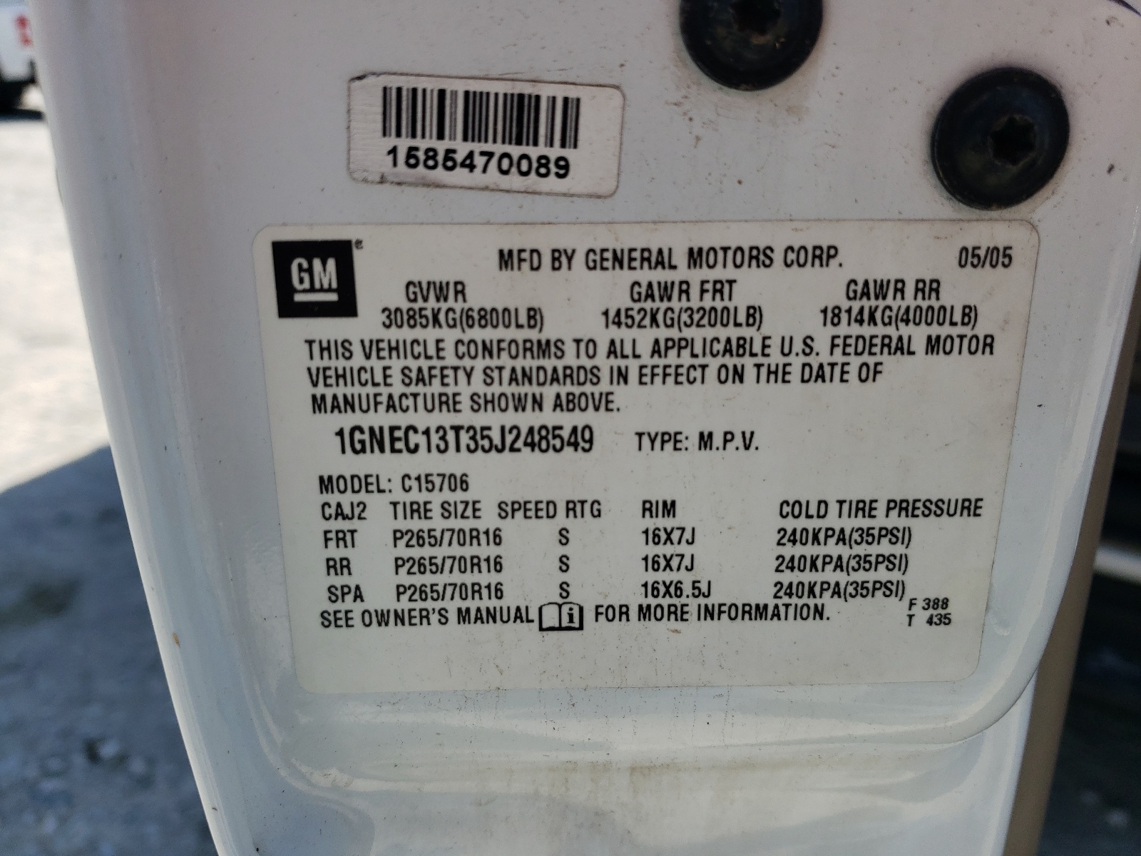 1GNEC13T35J248549 2005 Chevrolet Tahoe C1500